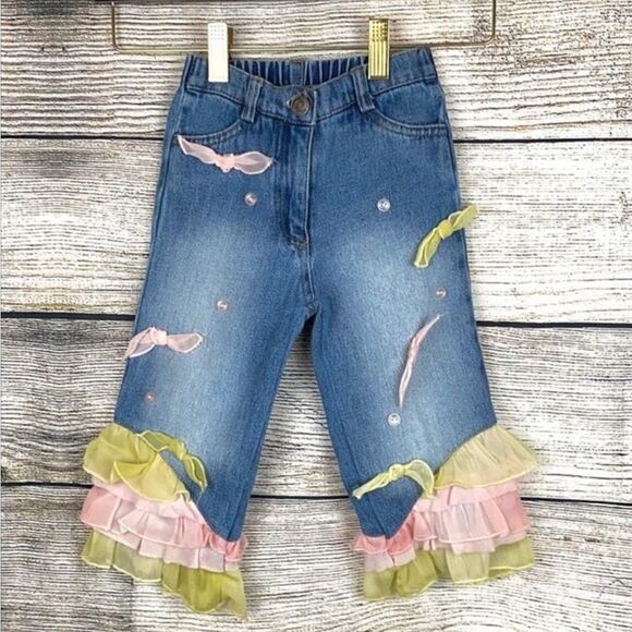 Vintage Little Mass Girl's Jeans Ruffle and Bow Details Cotton size 3T - Picture 1 of 11